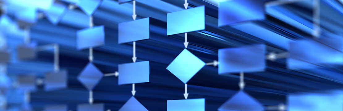 A complex flowchart with interconnected rectangles and diamonds arranged in a three-dimensional perspective