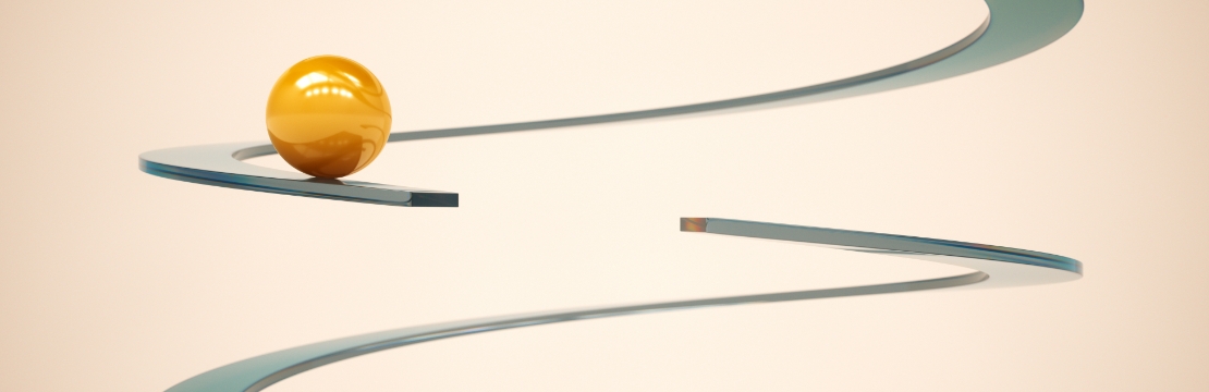 Golden sphere resting on a winding, metallic spiral track against a light background.