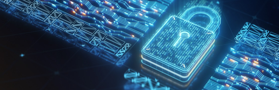 A padlock formed by a network of digital lights